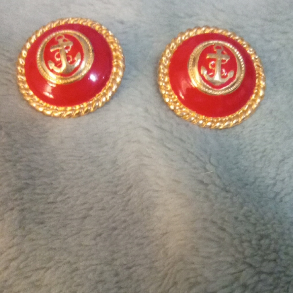 Vintage 90s Gold and Red Anchor Earrings